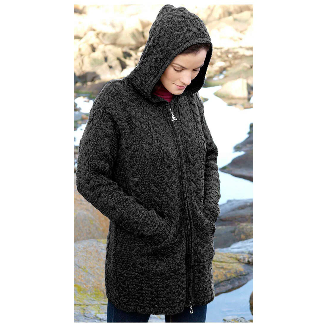 Women's Merino Wool Hooded Coat Charcoal - Image 3