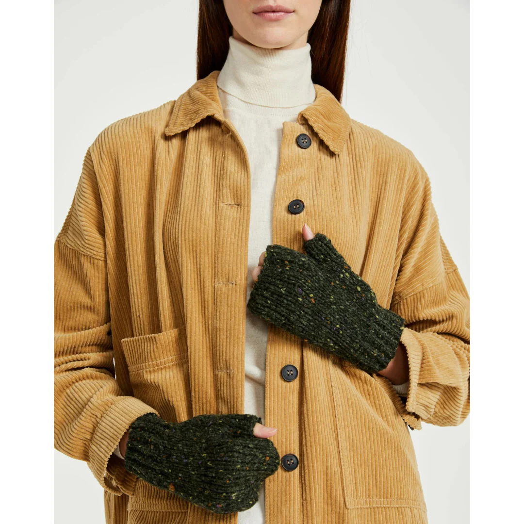 Women's Nepped Wool Army Green Fingerless Mittens - Image 2
