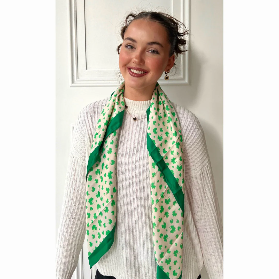 Women's Polysilk Green And Cream Shamrock Scarf