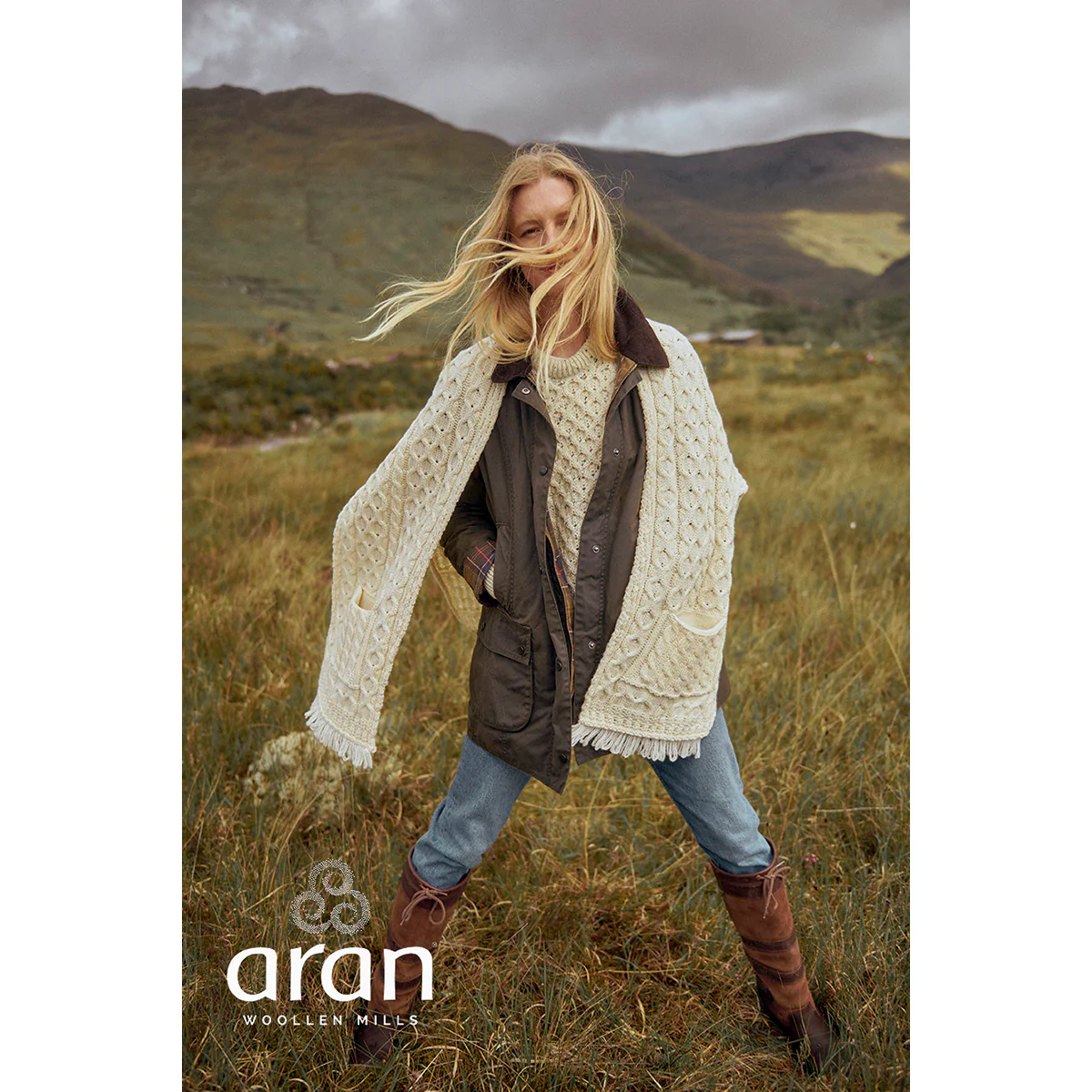 Women's Shannon Throwover Merino Aran Cream Wrap - Image 2