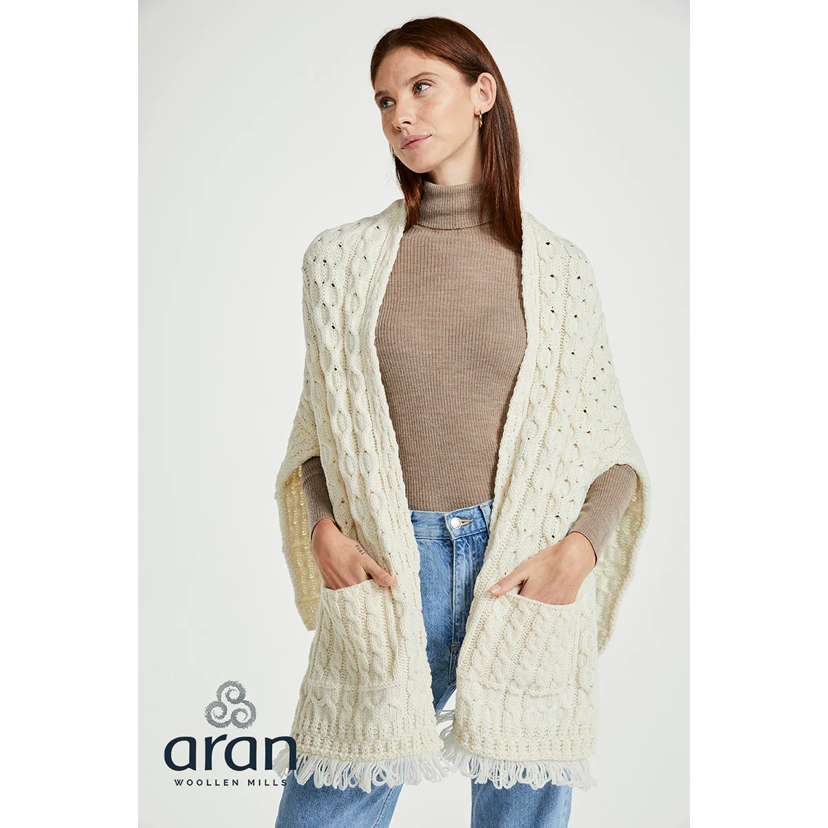 Women's Shannon Throwover Merino Aran Cream Wrap - Image 3