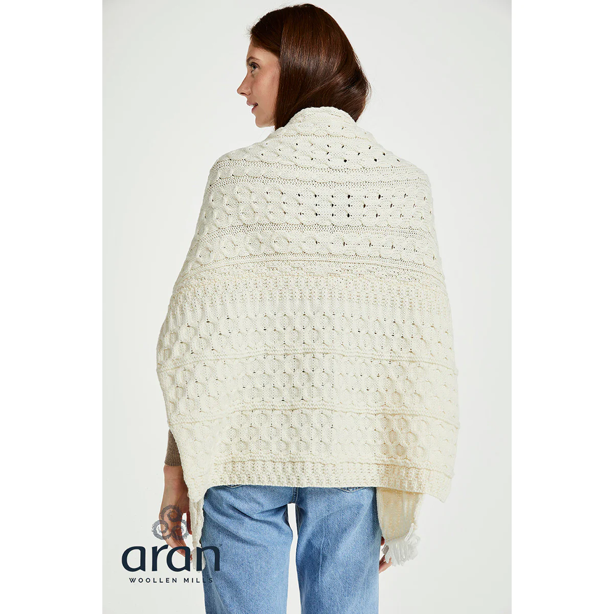 Women's Shannon Throwover Merino Aran Cream Wrap - Image 5