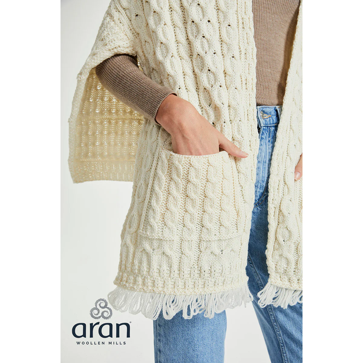 Women's Shannon Throwover Merino Aran Cream Wrap - Image 6