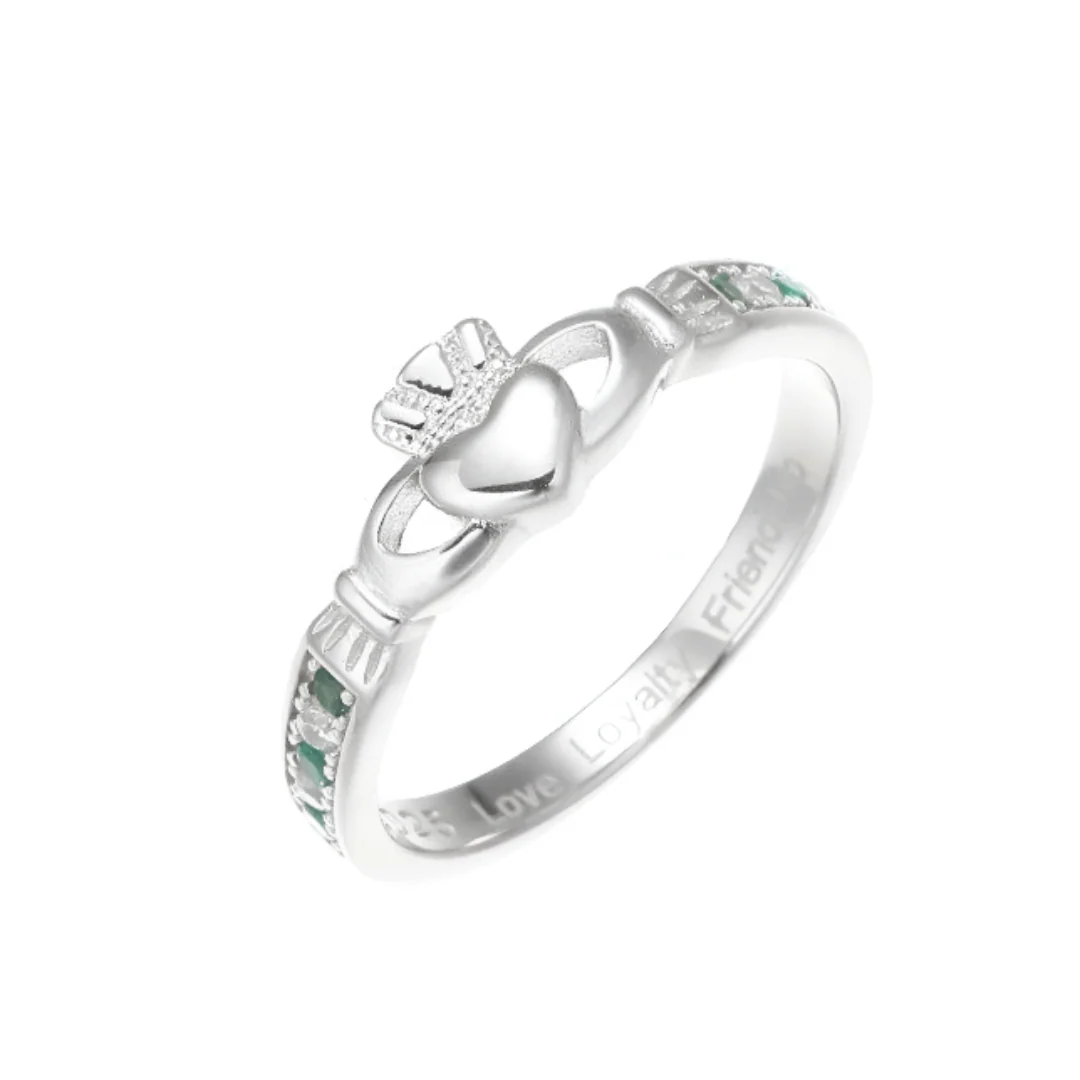 Women's Sterling Silver Green Stone Band Claddagh Ring