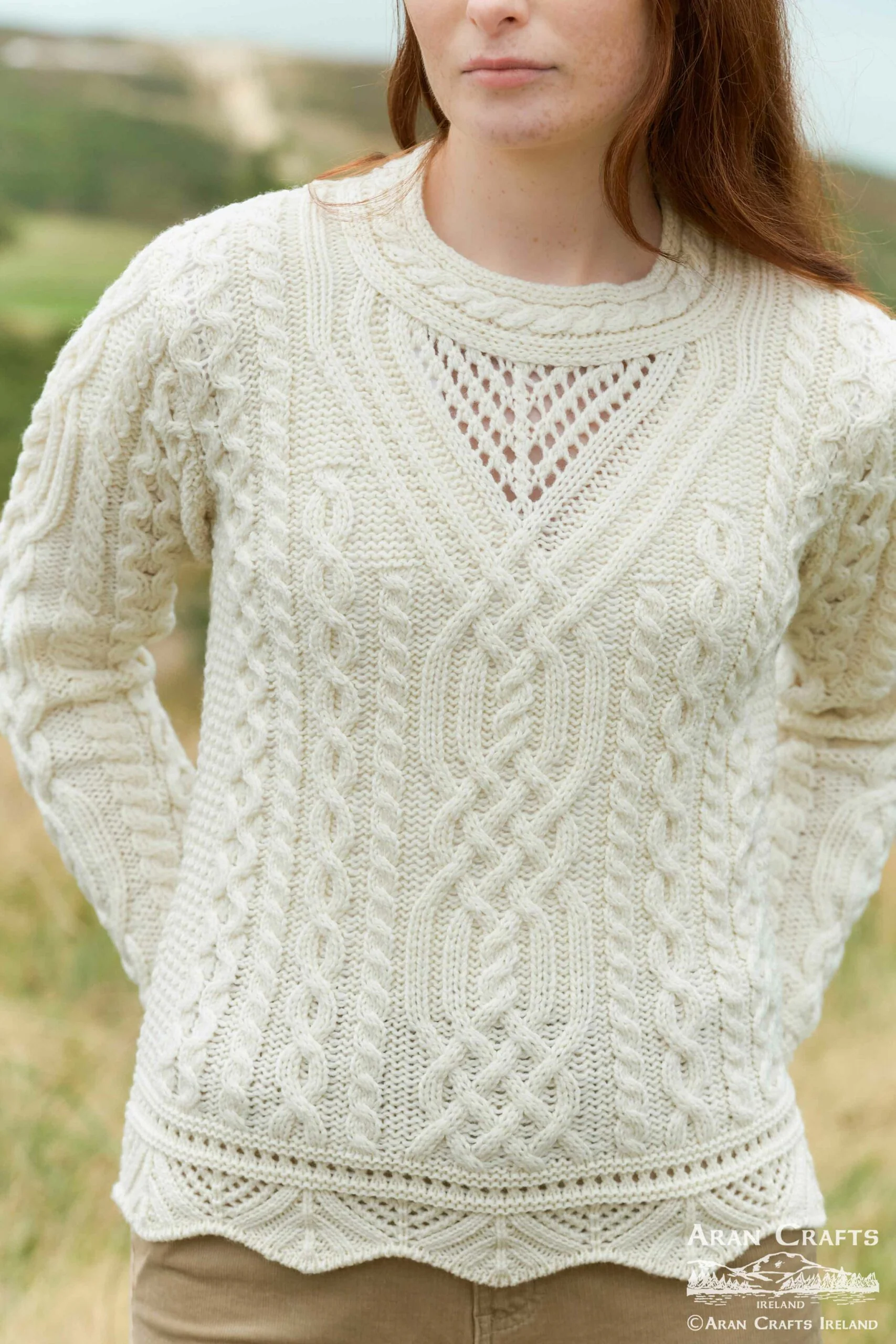Women's Streedagh Scallop Lace Stitch Natural Aran Jumper - Image 2