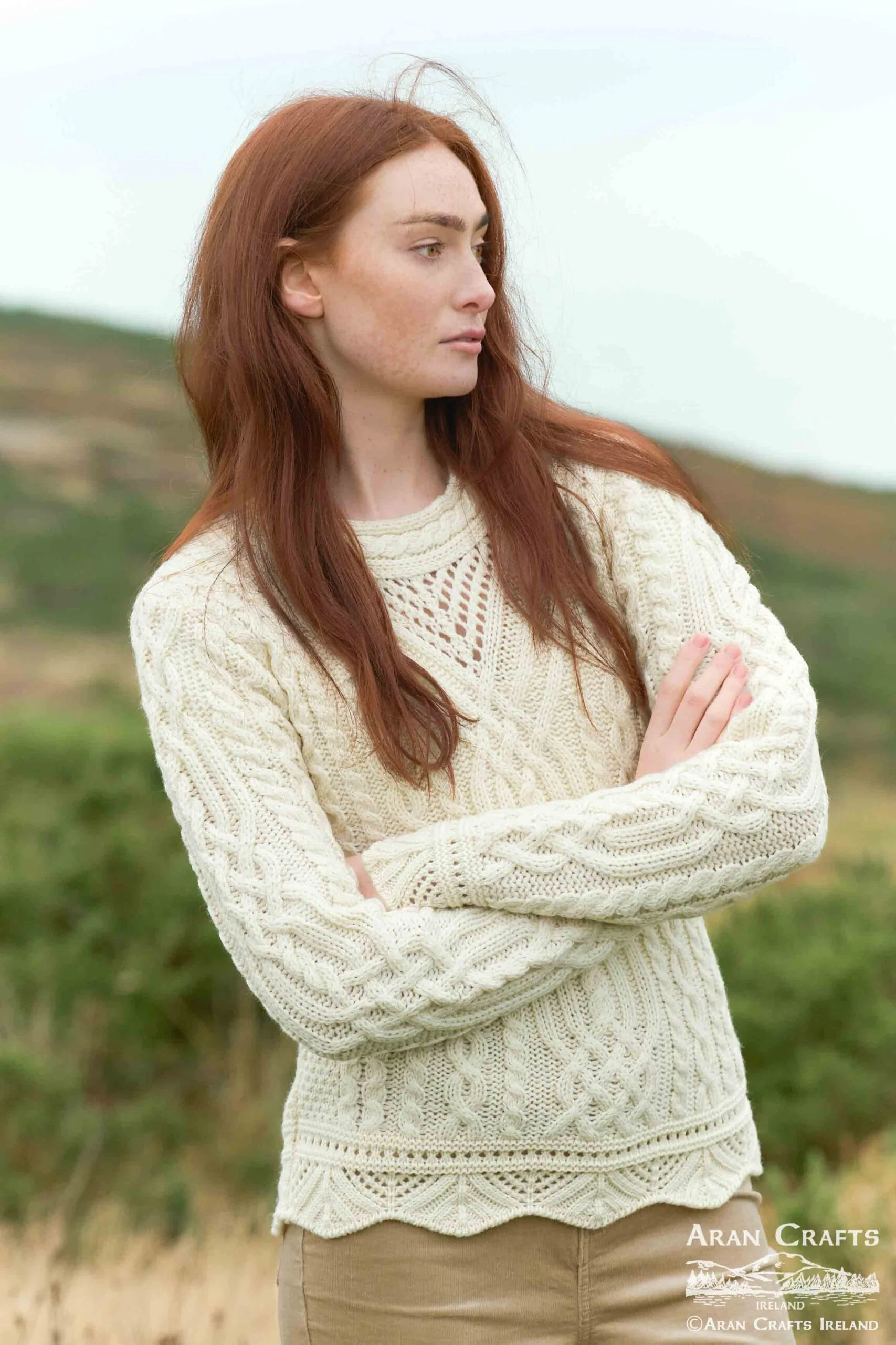 Women's Streedagh Scallop Lace Stitch Natural Aran Jumper - Image 3