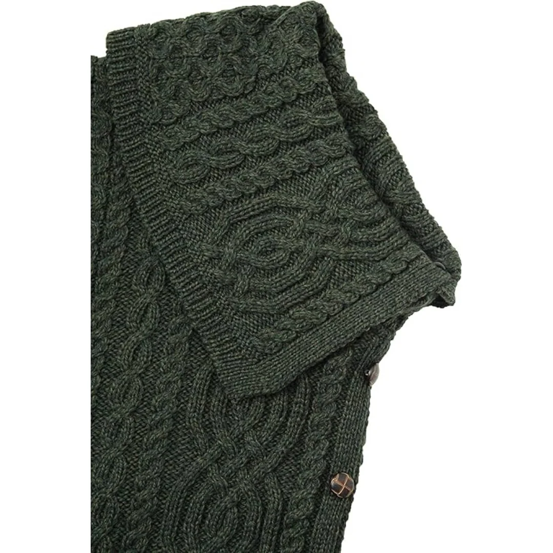 Women's Traditional Buttoned Cowl Neck Green Poncho - Image 3