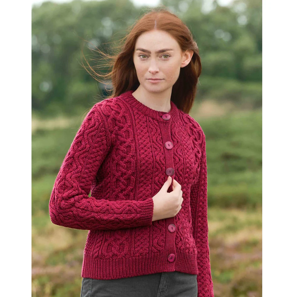 Women's Tramore Short Button Fuchsia Aran Cardigan - Image 2